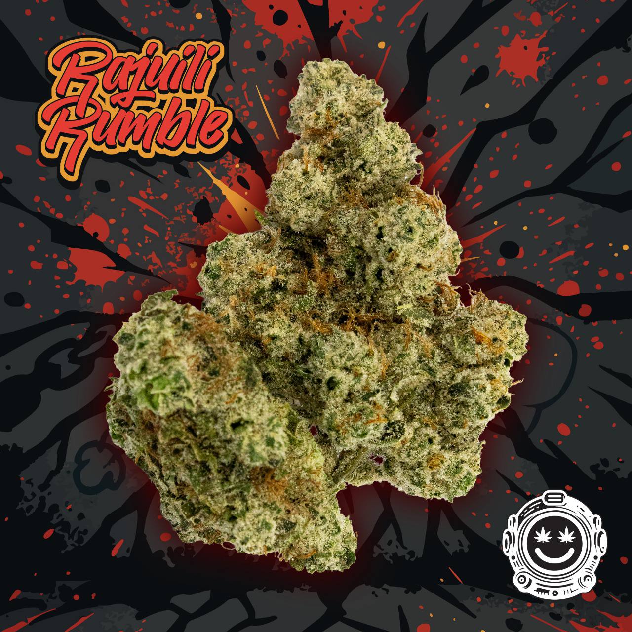 Rajuili Rumble product flower on branded backdrop